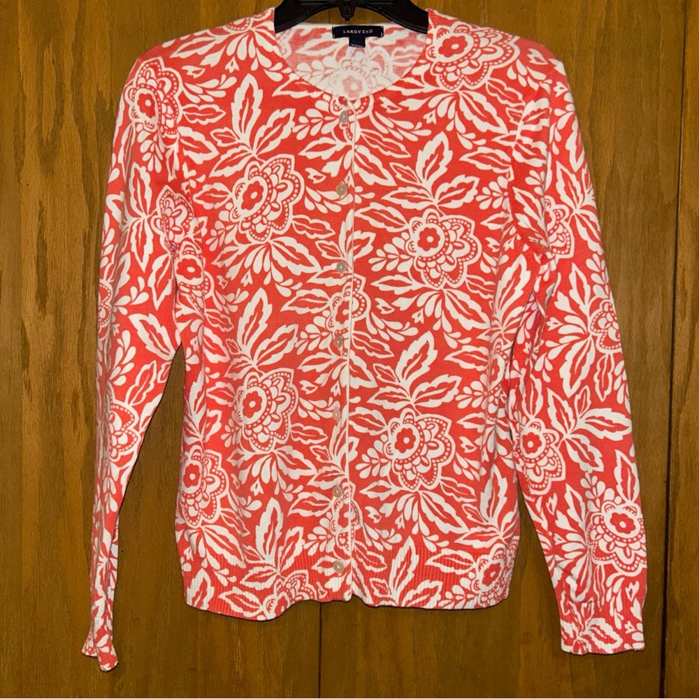Lands End Floral Pink and White Cardigan